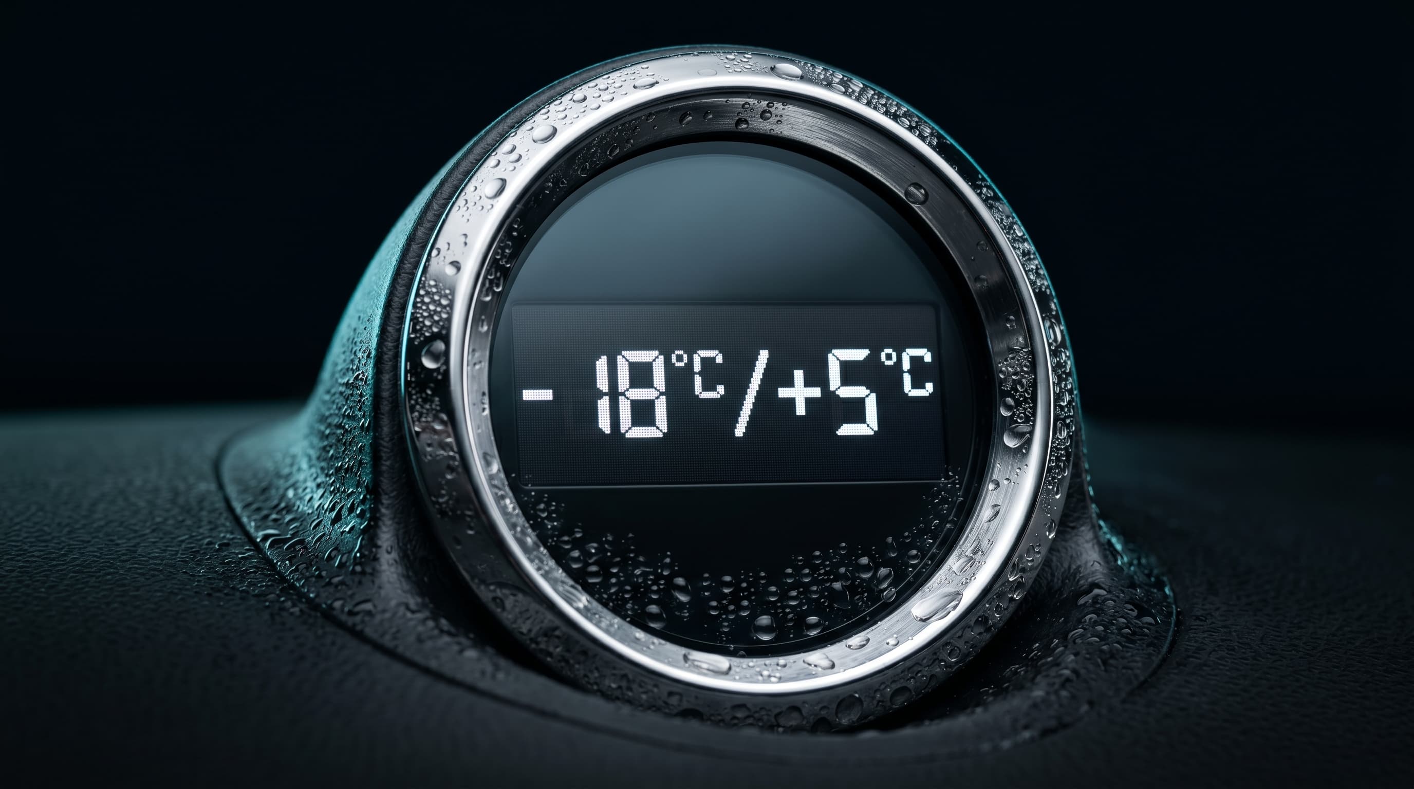 Chrome temperature gauge reading −22°C / +5°C, the temperature range of Icy Freight Courier's dual-compartment refrigerated vans.